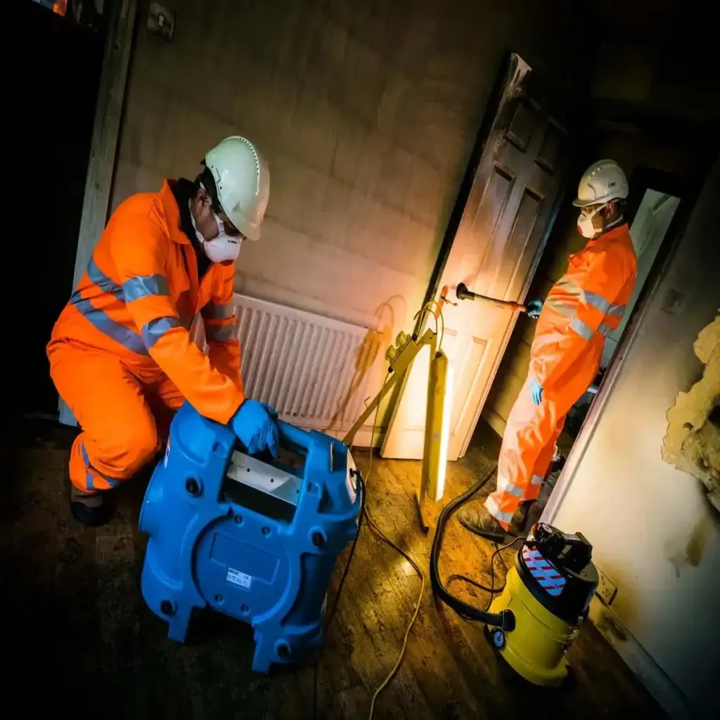 Two technicians cleaning a room following a fire.