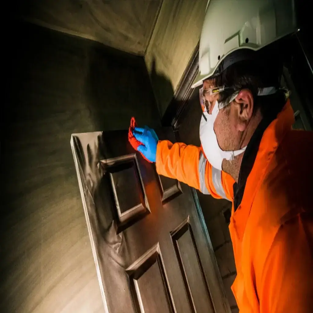 A technician cleaning soot and ash from a white door.