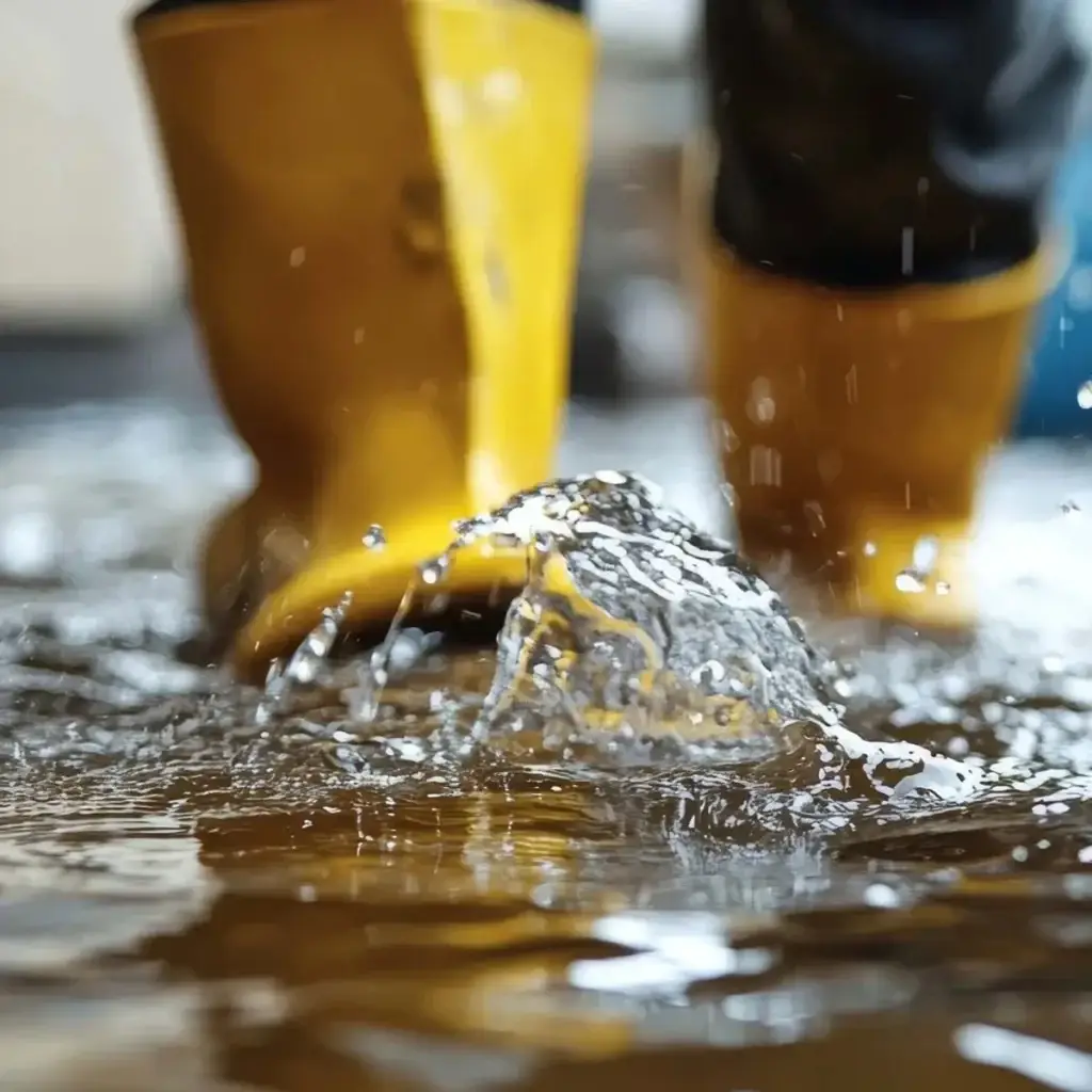 Walking through flooded room in house.
